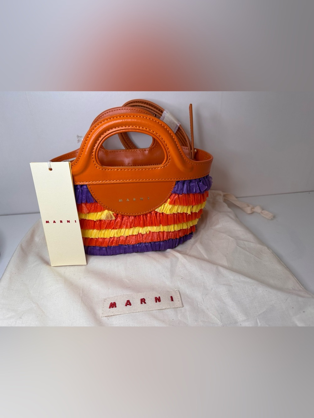 Marni Orange Raffia-Trim Mini Tote with Purple and Yellow Fringe